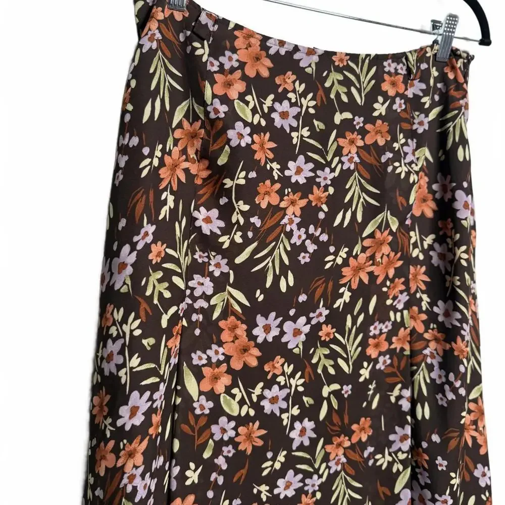 Vintage 90s Brown Floral Y2K Midi Skirt - Picture 1 of 5